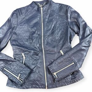 LA COALITION Women’s Navy Blue Faux Leather Quilted Moto Jacket Size Small